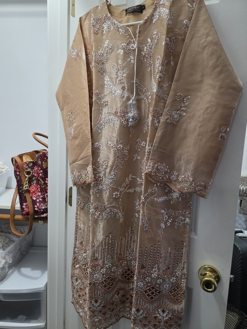 Crescent Embellished Long Sleeve Dress in Champagne